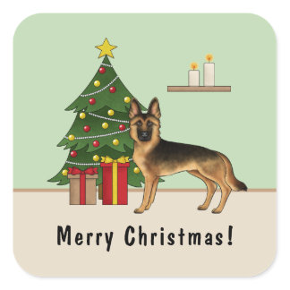 Black And Tan German Shepherd And A Christmas Tree Square Sticker