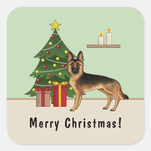 Black And Tan German Shepherd And A Christmas Tree Square Sticker