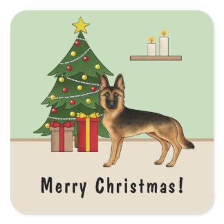 Black And Tan German Shepherd And A Christmas Tree Square Sticker