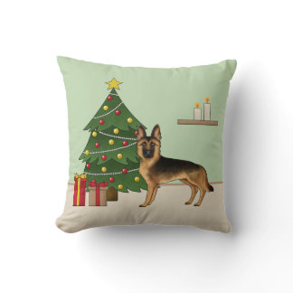 Black And Tan German Shepherd And A Christmas Tree Throw Pillow