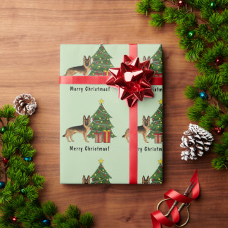 Black And Tan German Shepherd And A Christmas Tree Wrapping Paper