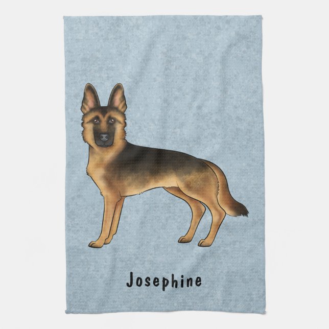 Black And Tan German Shepherd And Custom Name Blue Kitchen Towel (Vertical)
