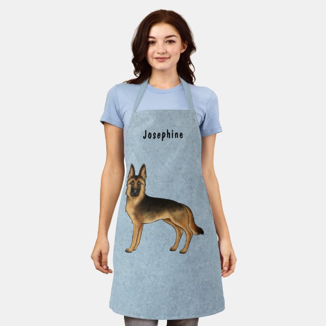 Black And Tan German Shepherd And Custom Text Blue Apron (Worn)