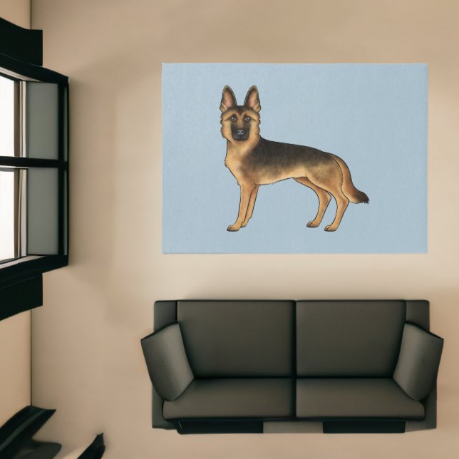Black And Tan German Shepherd Cartoon Dog Blue Rug (Insitu (Indoor 1))