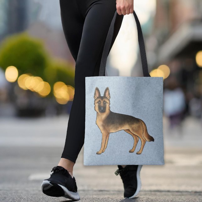 Black And Tan German Shepherd Cartoon Dog Blue Tote Bag (Please note: This image is a digital mockup. The product may not be in scale.)