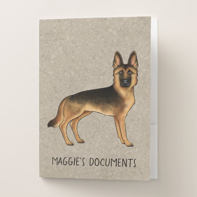 Black And Tan German Shepherd Cartoon Dog Brown Pocket Folder (Front)