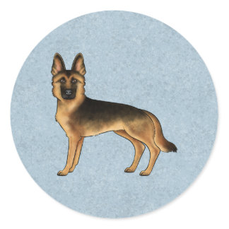 Black And Tan German Shepherd Cartoon Dog On Blue Classic Round Sticker