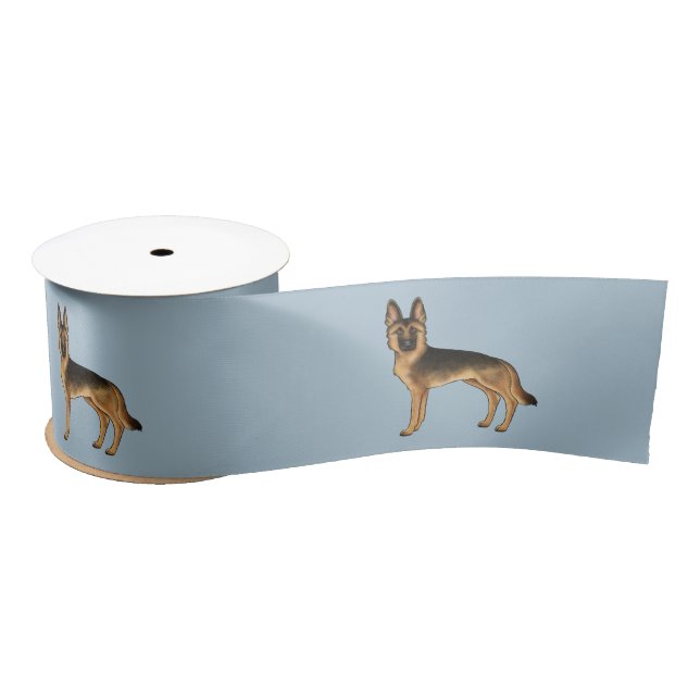 Black And Tan German Shepherd Cartoon Dog On Blue Satin Ribbon (Spool)