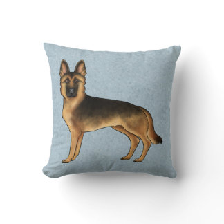 Black And Tan German Shepherd Cartoon Dog On Blue Throw Pillow