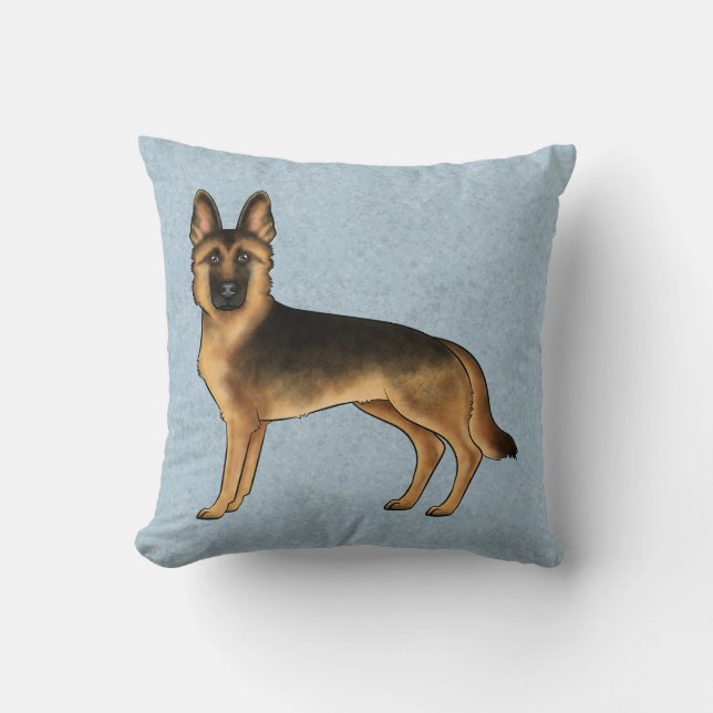 Black And Tan German Shepherd Cartoon Dog On Blue Throw Pillow (Front)