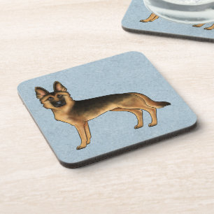 Black And Tan German Shepherd Cartoon GSD Dog Blue Beverage Coaster