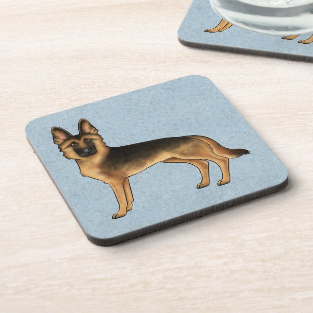 Black And Tan German Shepherd Cartoon GSD Dog Blue Beverage Coaster (Left Side)