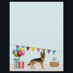 Black And Tan German Shepherd Colorful Birthday Letterhead<br><div class="desc">Destei's original cartoon illustration of an adorable black and tan color German Shepherd breed dog. The dog is placed in a colorful birthday setting. There is a birthday cake with some candles on it,  colorful birthday balloons and a bunting banner as well as two present boxes.</div>