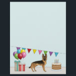 Black And Tan German Shepherd Colorful Birthday Letterhead<br><div class="desc">Destei's original cartoon illustration of an adorable black and tan color German Shepherd breed dog. The dog is placed in a colorful birthday setting. There is a birthday cake with some candles on it,  colorful birthday balloons and a bunting banner as well as two present boxes.</div>