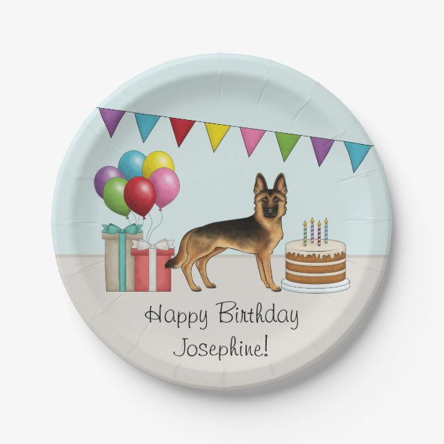 Black And Tan German Shepherd Colorful Birthday Paper Plates (Front)