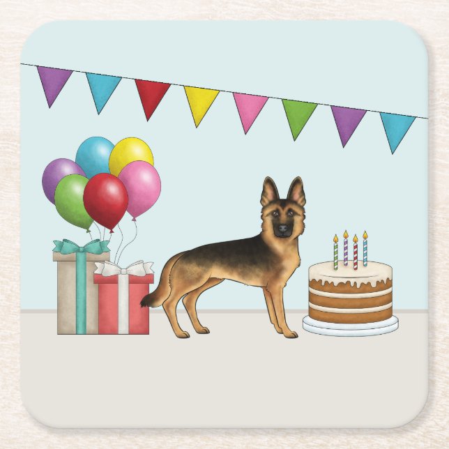 Black And Tan German Shepherd Colorful Birthday Square Paper Coaster (Front)