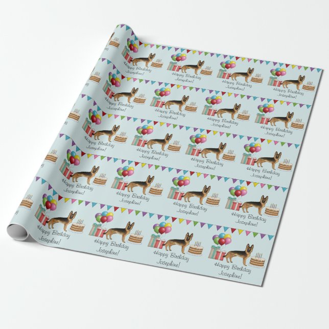 Black And Tan German Shepherd Colorful Birthday Wrapping Paper (Unrolled)