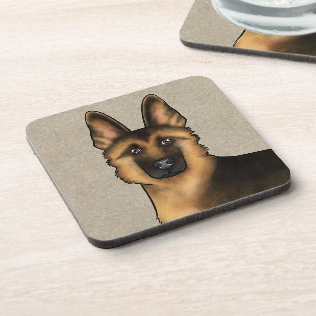 Black And Tan German Shepherd Cute Dog Head Beige Beverage Coaster (Left Side)