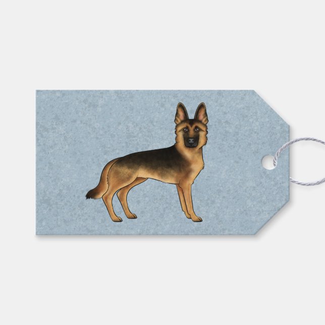 Black And Tan German Shepherd Cute Dog On Blue Gift Tags (Front (Horizontal))