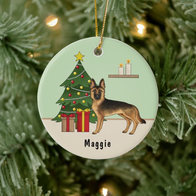 Black And Tan German Shepherd Dog Christmas Tree Ceramic Ornament (Tree)