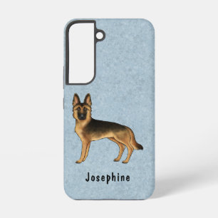 Black And Tan German Shepherd Dog On Blue And Text Samsung Galaxy S22 Case