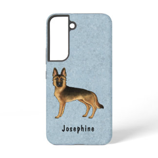 Black And Tan German Shepherd Dog On Blue And Text Samsung Galaxy S22 Case