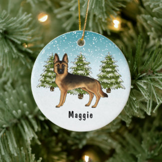 Black And Tan German Shepherd Dog Winter Forest Ceramic Ornament