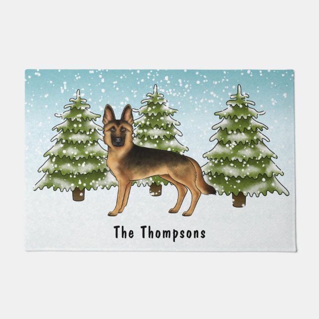 Black And Tan German Shepherd Dog Winter Forest Doormat (Front)