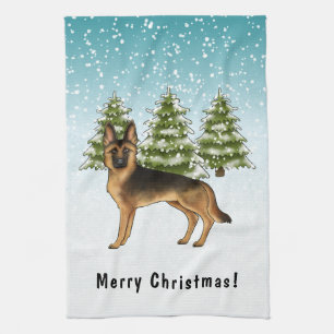 Black And Tan German Shepherd Dog Winter Forest Kitchen Towel