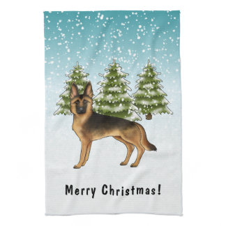 Black And Tan German Shepherd Dog Winter Forest Kitchen Towel