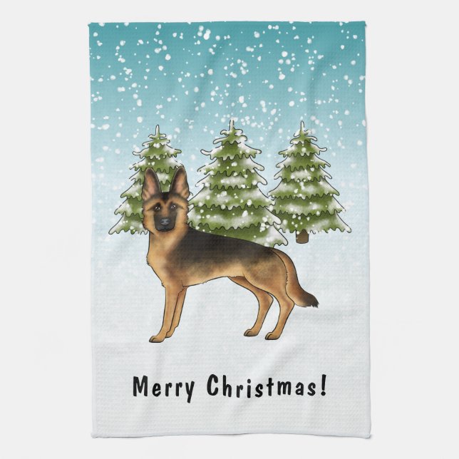 Black And Tan German Shepherd Dog Winter Forest Kitchen Towel (Vertical)