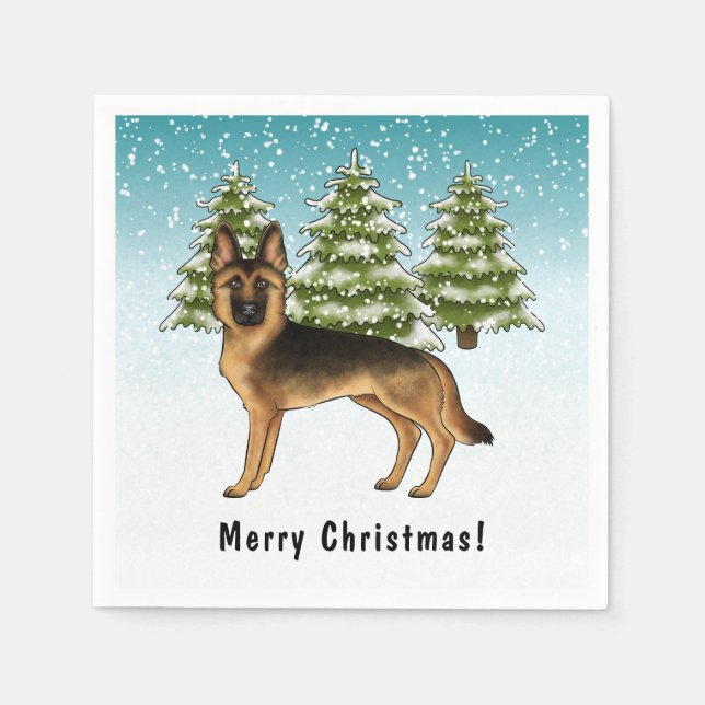 Black And Tan German Shepherd Dog Winter Forest Napkins (Front)