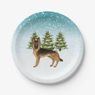 Black And Tan German Shepherd Dog Winter Forest Paper Plates