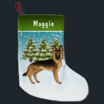 Black And Tan German Shepherd Dog Winter Forest Small Christmas Stocking<br><div class="desc">Destei's original cartoon illustration of a black and tan color German Shepherd breed dog. The dog is placed in a winter scene with three green fir trees and falling snow. The background is a blue to white gradient giving the design that cold winter day look. There is also a green...</div>