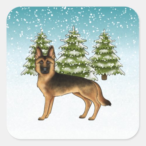 Black And Tan German Shepherd Dog Winter Forest Square Sticker