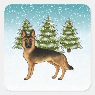 Black And Tan German Shepherd Dog Winter Forest Square Sticker