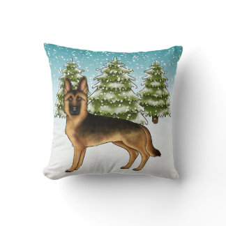 Black And Tan German Shepherd Dog Winter Forest Throw Pillow