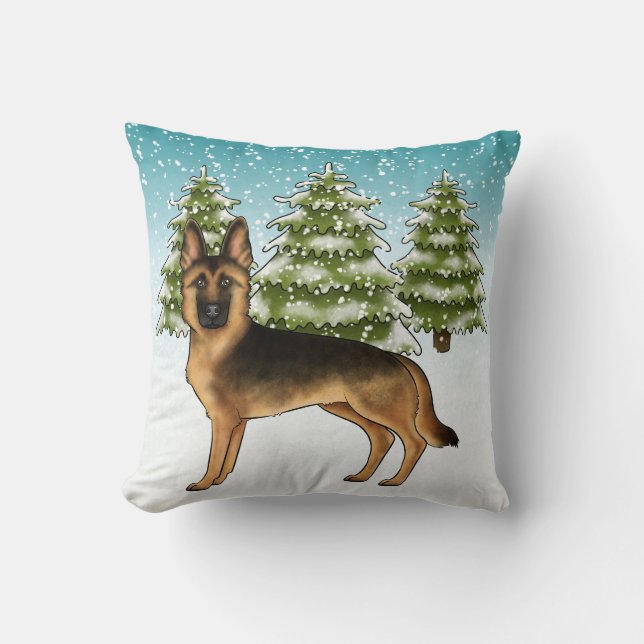 Black And Tan German Shepherd Dog Winter Forest Throw Pillow (Front)