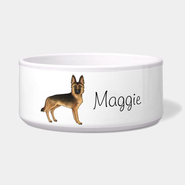 Black And Tan German Shepherd Dog With Custom Name Bowl (Front)