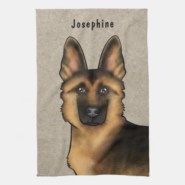 Black And Tan German Shepherd Head And Name Beige Kitchen Towel (Vertical)