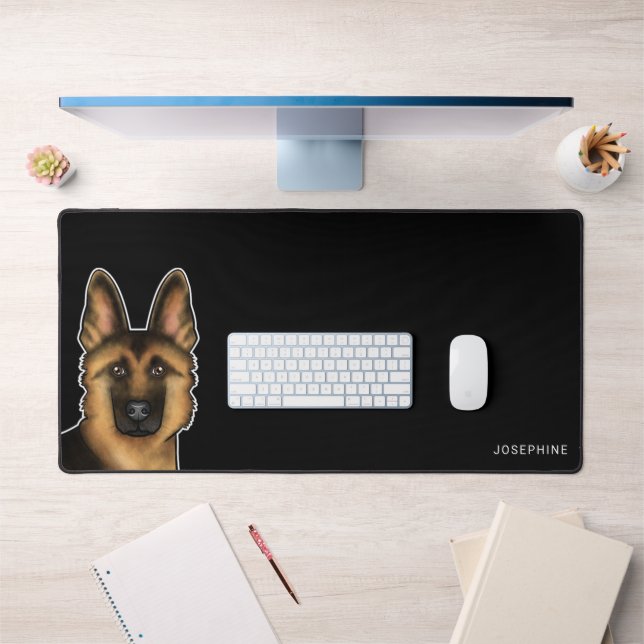 Black And Tan German Shepherd Head And Name Black Desk Mat (Office 1)
