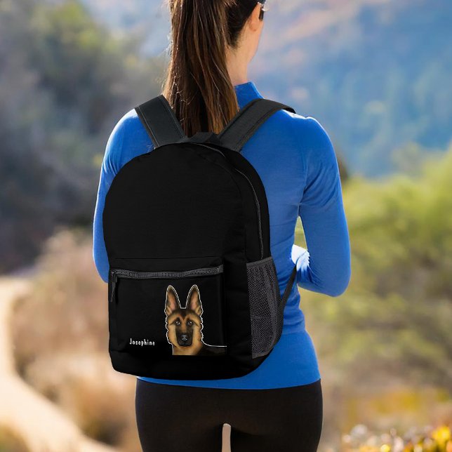 Black And Tan German Shepherd Head And Name Black Printed Backpack (Please note: This image is a digital mockup. The product may not be in scale.)