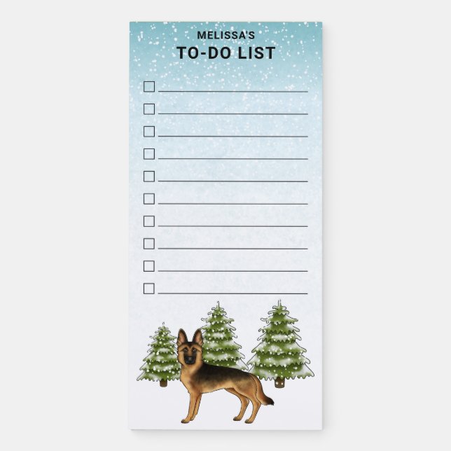Black And Tan German Shepherd In Winter To Do List Magnetic Notepad (Front)