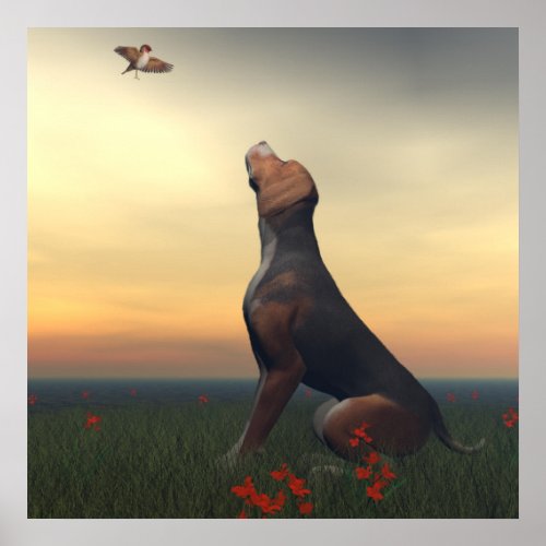 Black and tan hound dog and bird poster