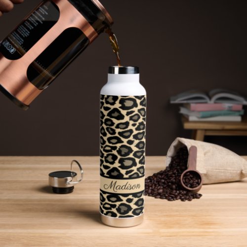 Black and Tan Leopard Print Personalized Water Bottle
