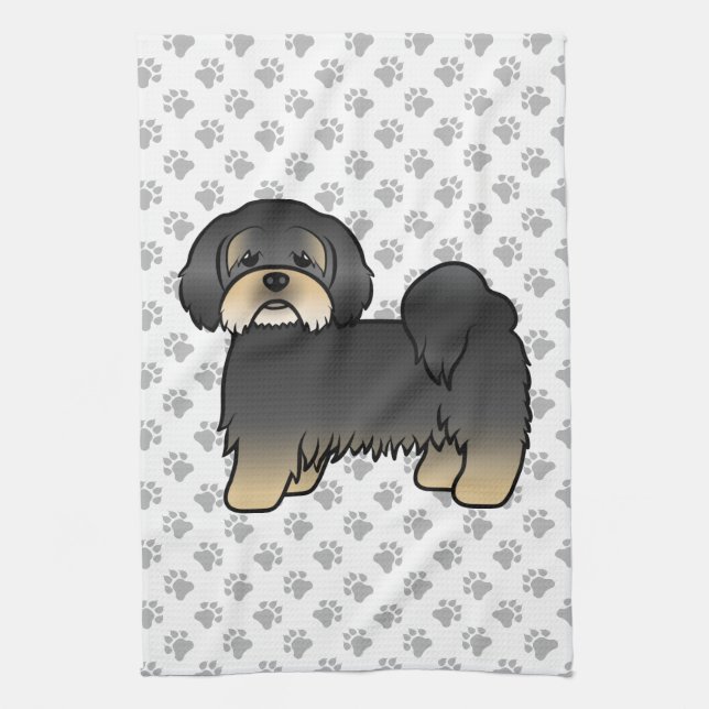 Black And Tan Lhasa Apso Cute Cartoon Dog Kitchen Towel (Vertical)