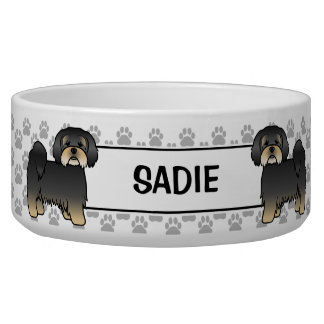 Black And Tan Lhasa Apso Dogs With Paws &amp; Name Bowl