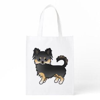 Black And Tan Long Coat Chihuahua Cute Cartoon Dog Grocery Bag