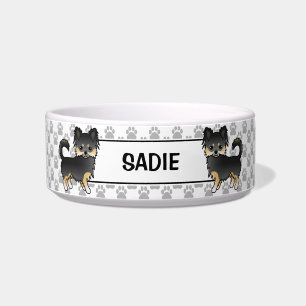 Black And Tan Long Coat Chihuahua Cute Dog & Name Bowl