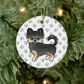 Black And Tan Long Coat Chihuahua Cute Dog &amp; Paws Ceramic Ornament